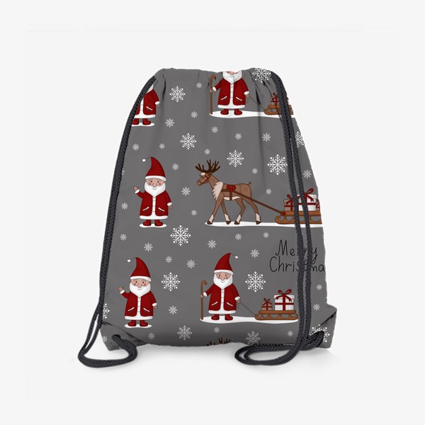 Рюкзак «Новогодний паттерн. Дед Мороз, северный олень и санки с подарками.»