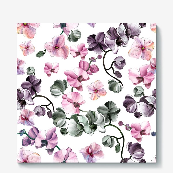 Холст «Орхидеи и гортензии на белом фоне»