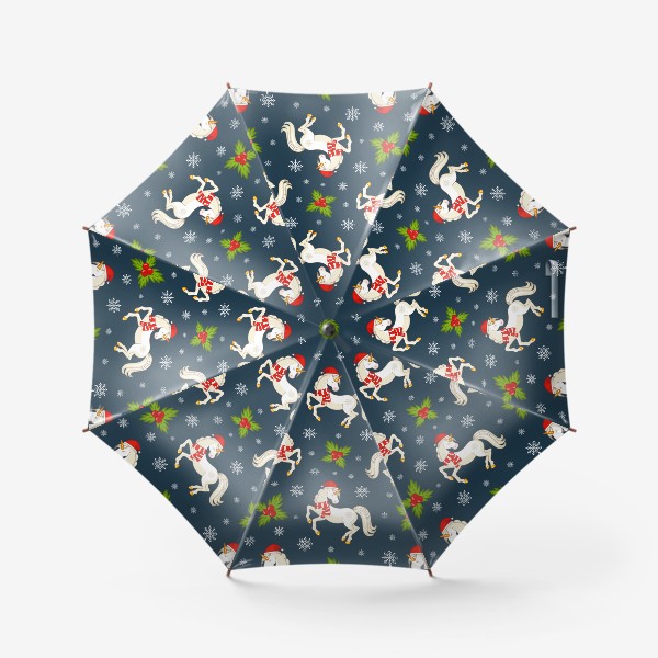 Зонт «Красивый новогодний паттерн с единорогами и остролистом»