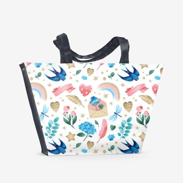 Пляжная сумка &laquo;Ласточки, цветы и стрекозы. Нежный паттерн&raquo;