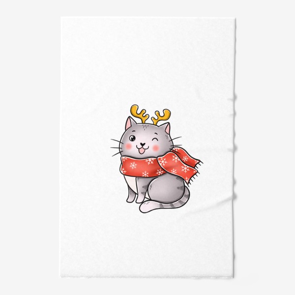 Полотенце «Новогодний котик с оленьими рожками»