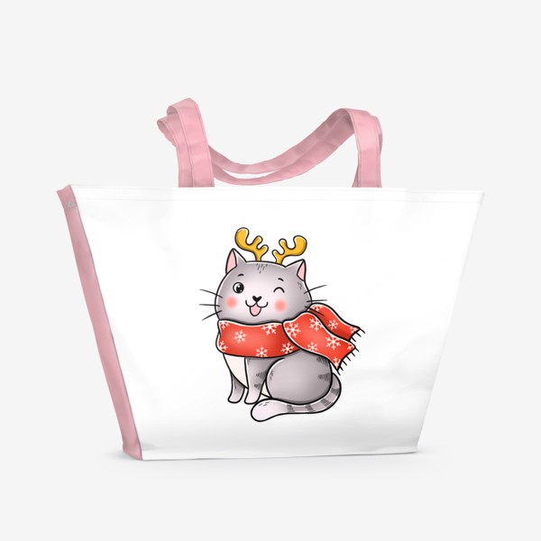 Пляжная сумка «Новогодний котик с оленьими рожками»