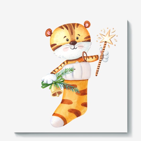 Холст «Новогодний тигренок в рождественском носке»
