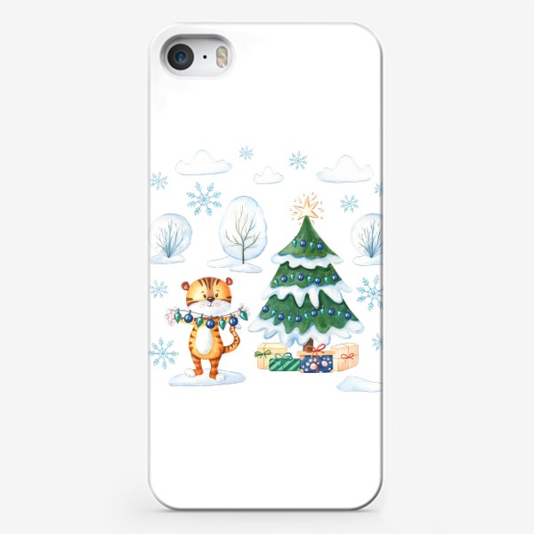 Чехол iPhone «Милый тигренок в новогоднем лесу»