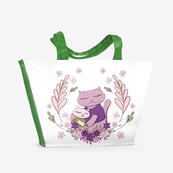 Пляжная сумка «Кошечка с котёнком в рамочке из цветов»