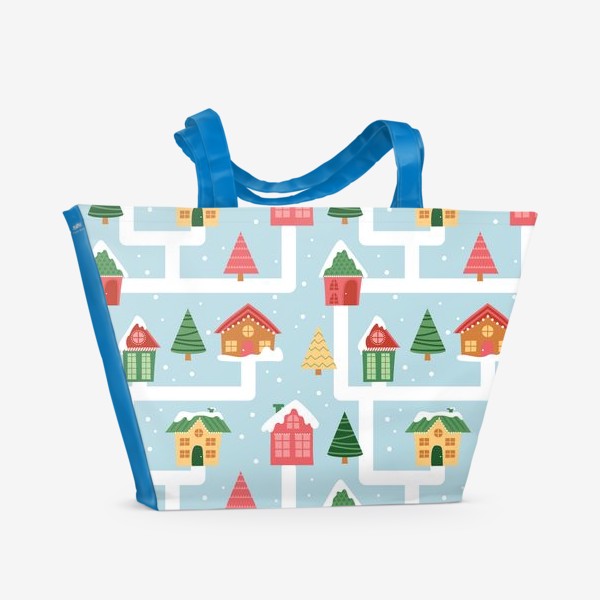 Пляжная сумка «Зимний новогодний город - улица с домами - праздничный узор»
