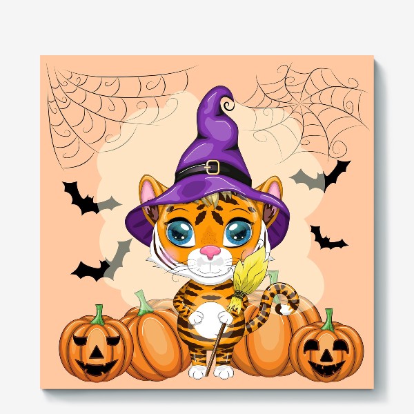 Холст &laquo;Тигр с метлой и тыквами, в фиолетовой колдовской шляпе готовый к Хэллоуину &raquo;