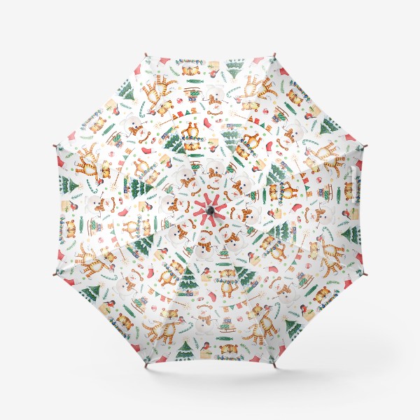 Зонт «Нарядный новогодний принт с тигрятами и снеговиками»