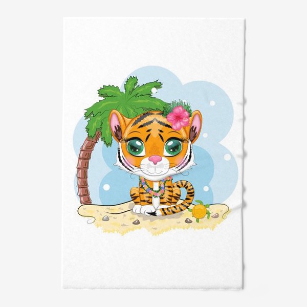 Полотенце «Тигрица гавайская танцовщица хула на пляже с пальмой. Новый год 2022»