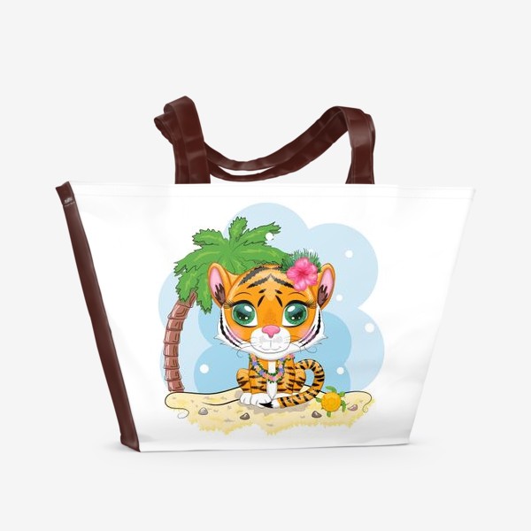 Пляжная сумка «Тигрица гавайская танцовщица хула на пляже с пальмой. Новый год 2022»