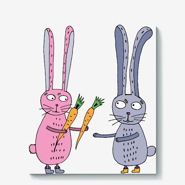 Холст «Влюбленный зайчик дарит зайчику морковку»