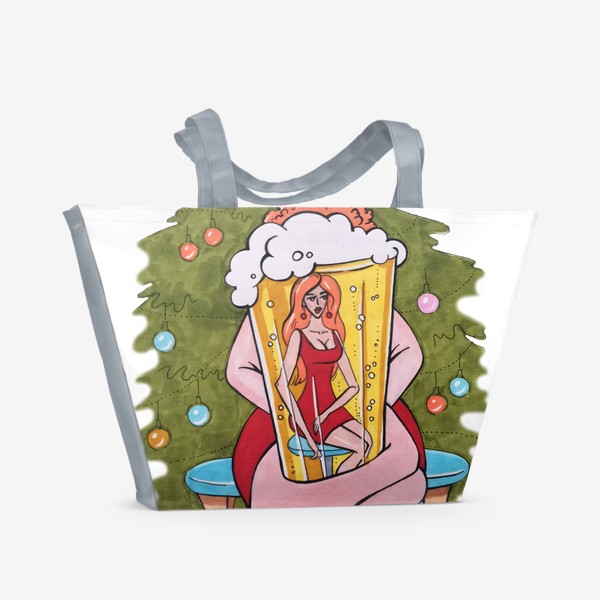Пляжная сумка «иллюстрация через бокал пива мужчина видит толстую жену стройной красоткой»