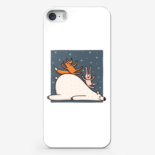 Чехол iPhone «Веселые лиса и заяц катаются с горки. Медведь. Зима»