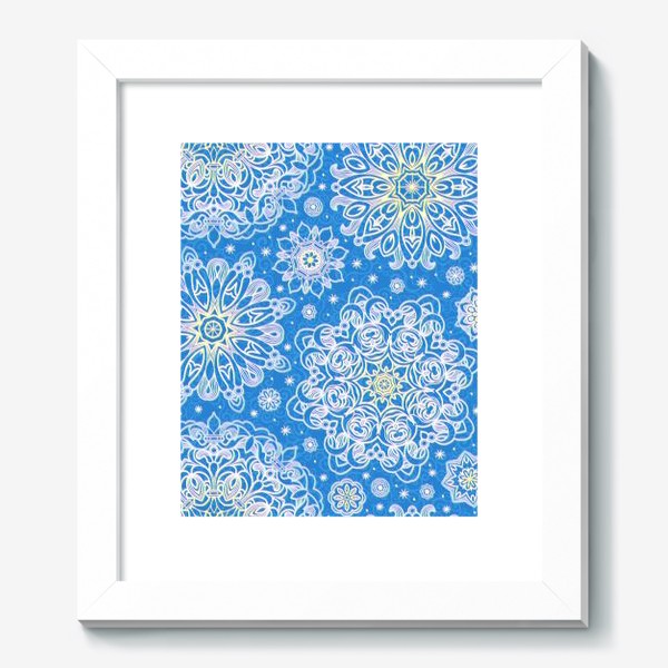 Картина «Причудливые белые снежинки на синем. Снежная мандала»