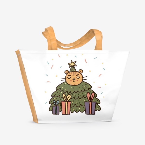 Пляжная сумка &laquo;Недовольный новогодний тигр в костюме елочки. Новый год 2022. Год тигра&raquo;