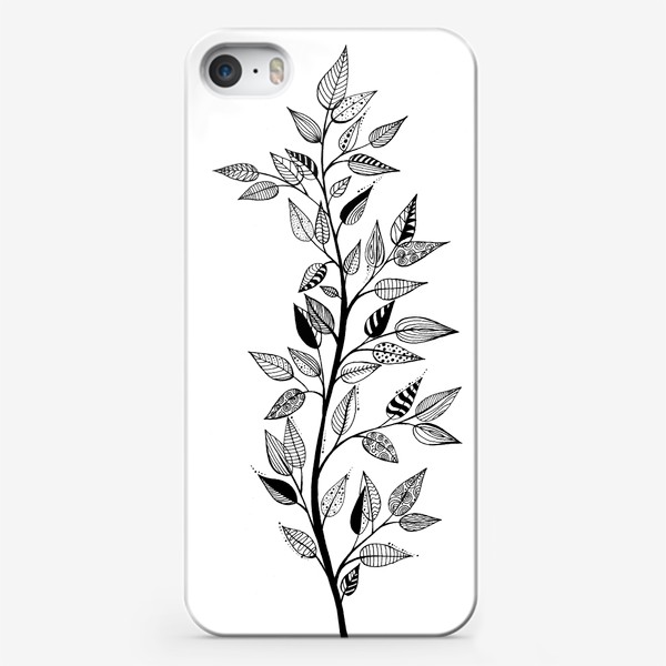 Чехол iPhone «Ветка дерева с красивыми листьями. Черно-белый орнамент»