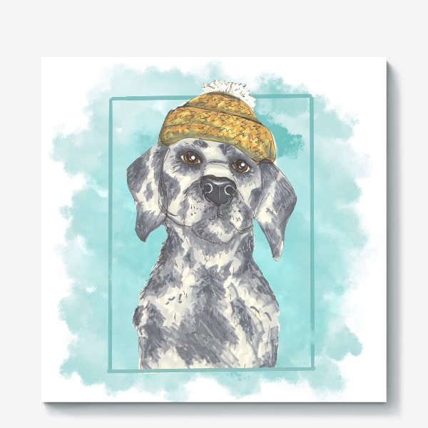 Холст «Собака в шапке на акварельном фоне»