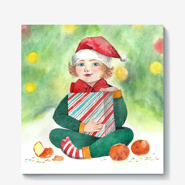 Холст «Малыш у ёлки с подарком и мандаринами»