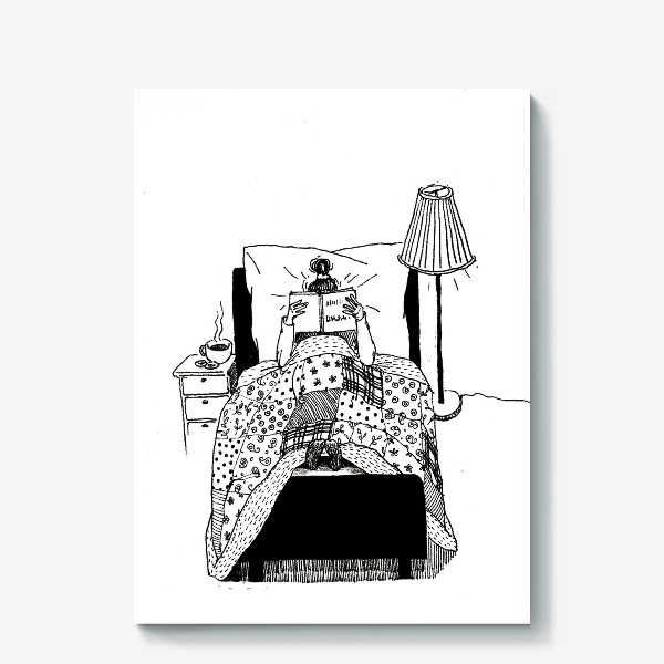 Холст «Девушка под лоскутным одеялом уютно читает книжку»