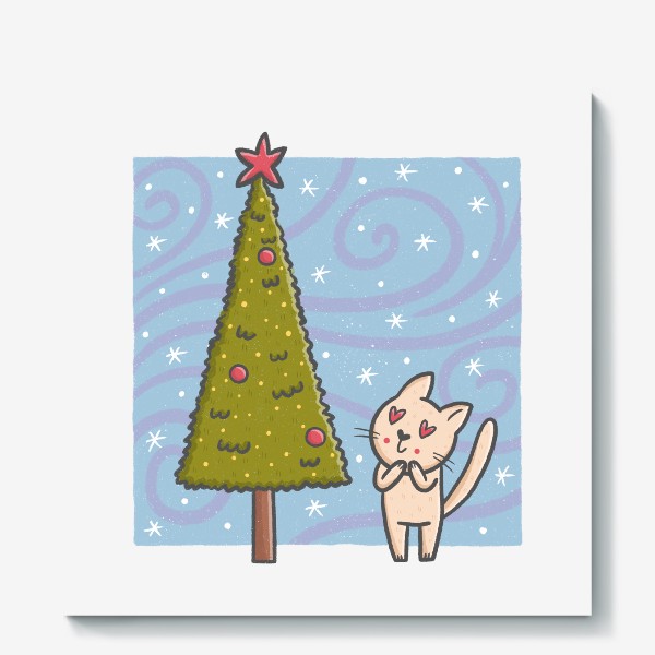 Холст &laquo;Милый котик и новогодняя елка. Новый год&raquo;