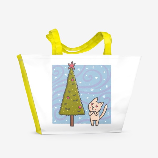 Пляжная сумка «Милый котик и новогодняя елка. Новый год»