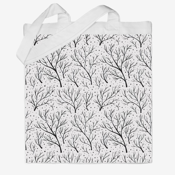 Сумка хб «Зима, деревья и снег. Черно-белый паттерн»
