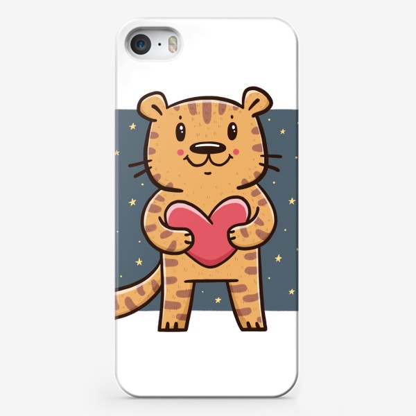 Чехол iPhone «Милый тигрёнок с сердечком на фоне звездного неба. Новый год 2022. Год тигра»