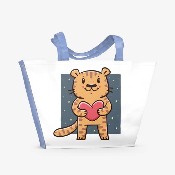 Пляжная сумка «Милый тигрёнок с сердечком на фоне звездного неба. Новый год 2022. Год тигра»