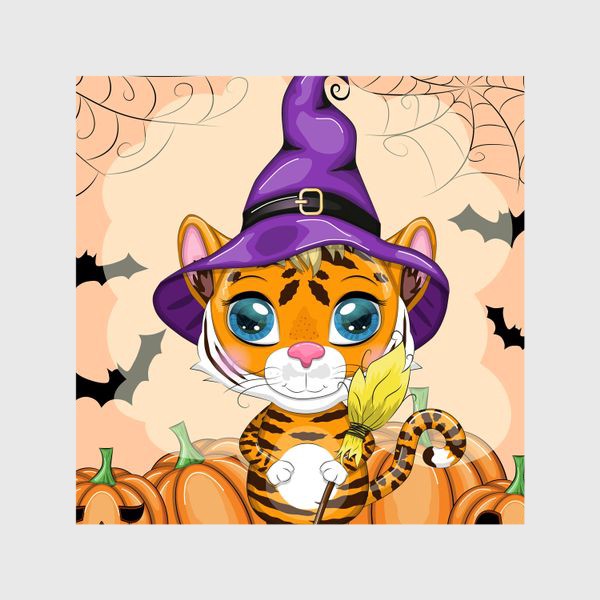 Шторы «Тигр с метлой и тыквами, в фиолетовой колдовской шляпе готовый к Хэллоуину »