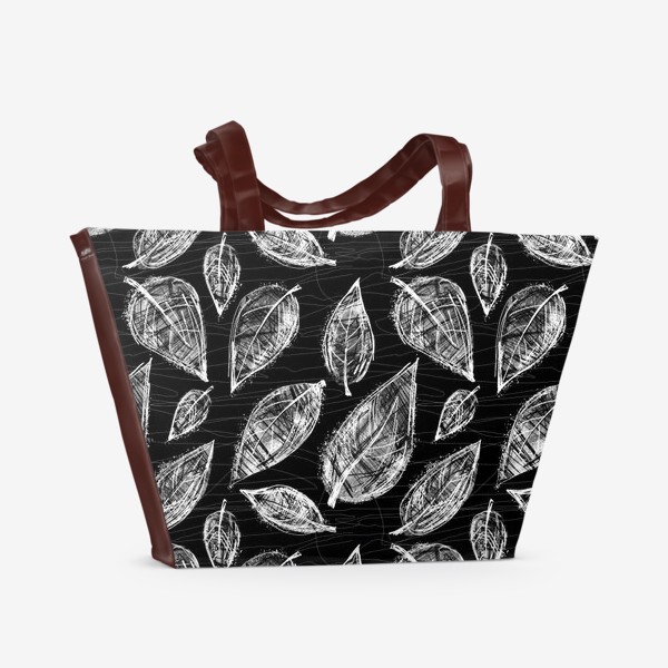 Пляжная сумка «Белые листья на черном фоне. Паттерн»