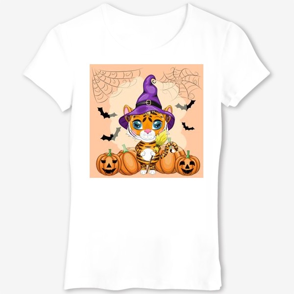 Футболка &laquo;Тигр с метлой и тыквами, в фиолетовой колдовской шляпе готовый к Хэллоуину &raquo;