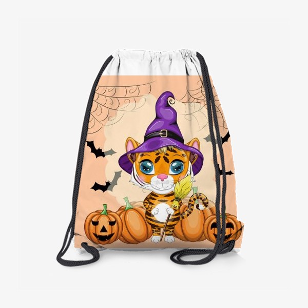 Рюкзак «Тигр с метлой и тыквами, в фиолетовой колдовской шляпе готовый к Хэллоуину »