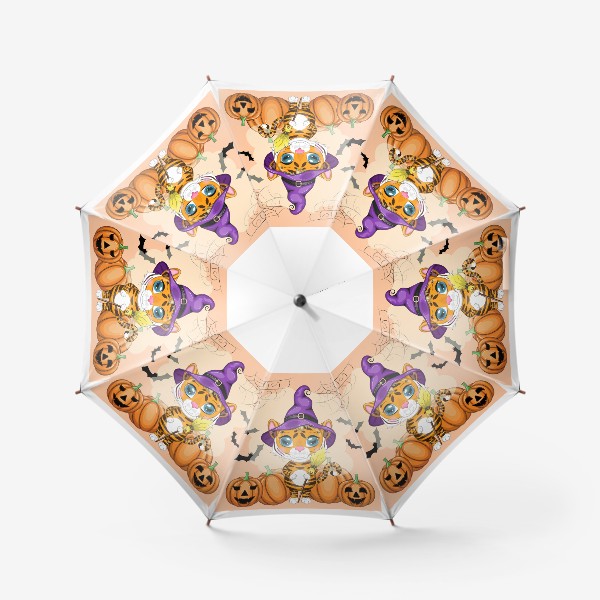 Зонт «Тигр с метлой и тыквами, в фиолетовой колдовской шляпе готовый к Хэллоуину »