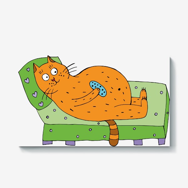 Холст «Смешной кот лежит на диване с пультом от телевизора»
