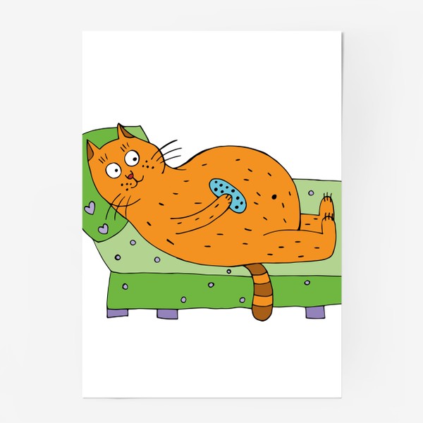 Постер «Смешной кот лежит на диване с пультом от телевизора»