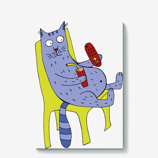 Холст «Кот сидит на стуле с пультом от телевизора»