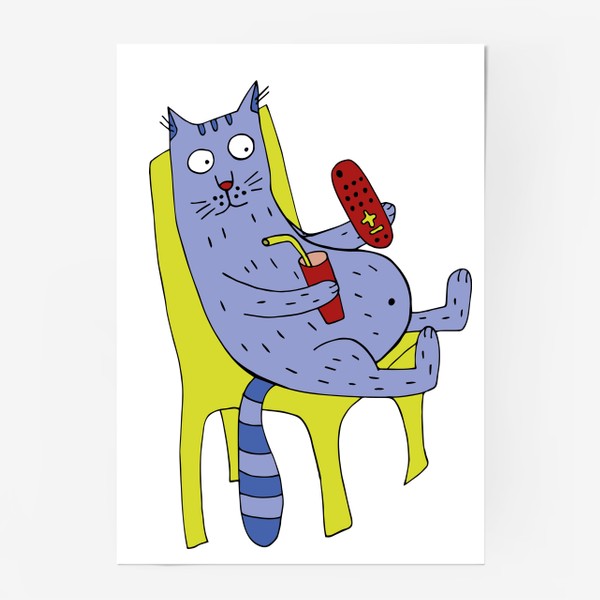 Постер «Кот сидит на стуле с пультом от телевизора»