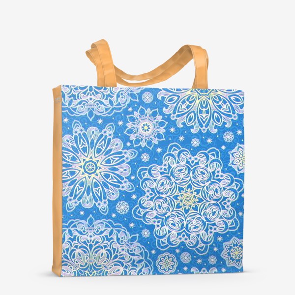 Сумка-шоппер «Причудливые белые снежинки на синем. Снежная мандала»
