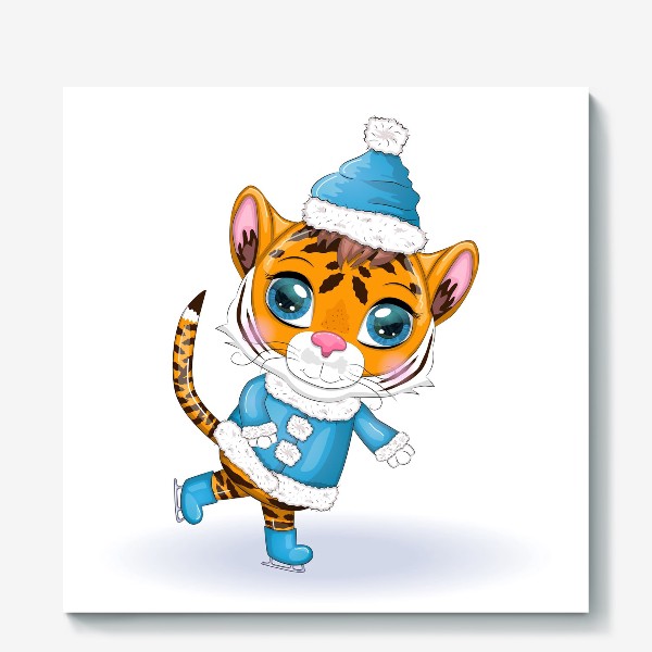 Холст «Тигр мальчик в голубом костюме на коньках. НГ 2022»