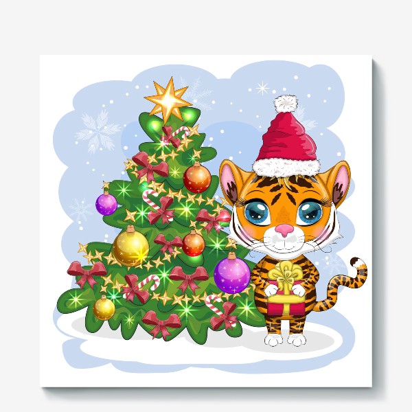 Холст «Тигр с подарком возле новогодней елки. Новый год 2022»