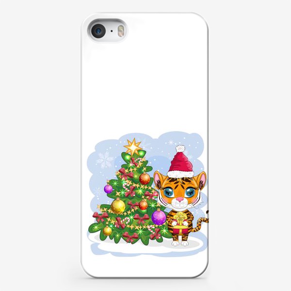Чехол iPhone «Тигр с подарком возле новогодней елки. Новый год 2022»