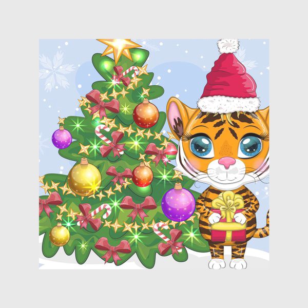 Скатерть «Тигр с подарком возле новогодней елки. Новый год 2022»