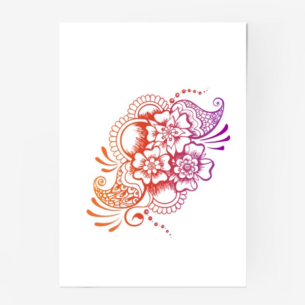 Постер «Узор цветы, арки, огурцы пейсли в стиле индийского рисунка хной мехенди. Дизайн с модным градиентом»