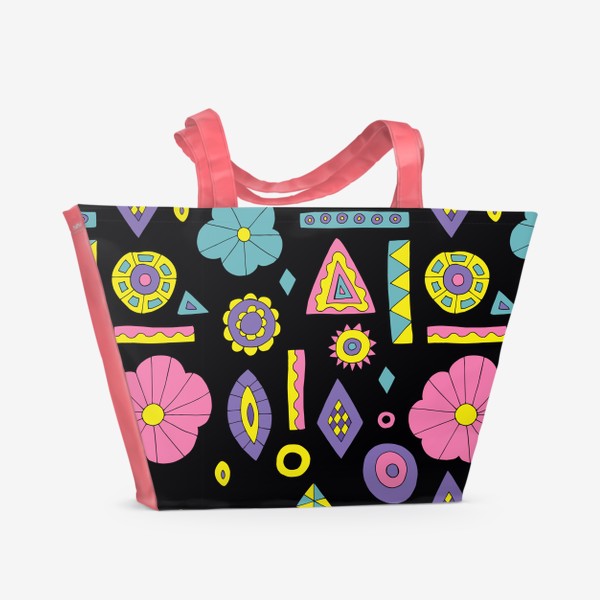 Пляжная сумка «Цветы треугольники и ромбы на черном.»