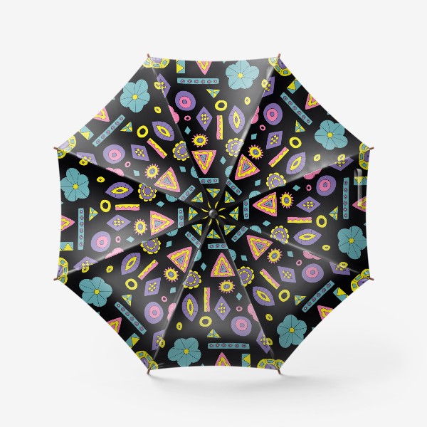 Зонт «Цветы треугольники и ромбы на черном.»