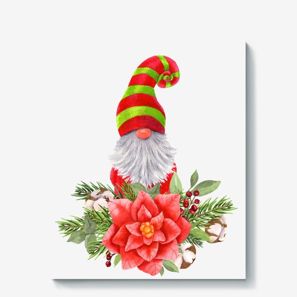 Холст «Новогодний гном в красно-зеленой шляпе с цветами»