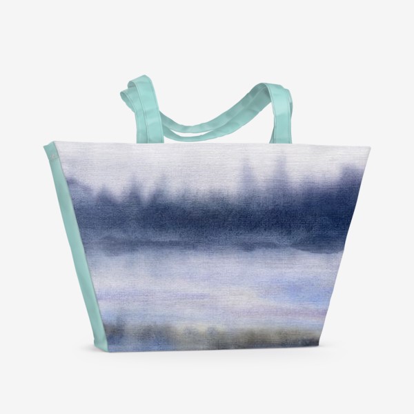 Пляжная сумка «Абстрактный пейзаж акварель, зимний лес у озера»