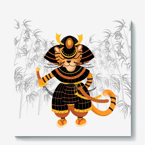 Холст &laquo;Тигр-самурай на фоне бамбука. Веселый персонаж. Гороскоп Год Тигра&raquo;