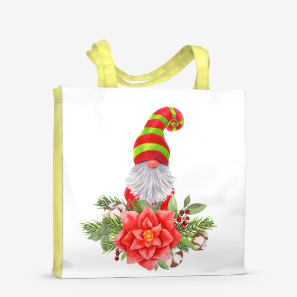 Сумка-шоппер «Новогодний гном в красно-зеленой шляпе с цветами»