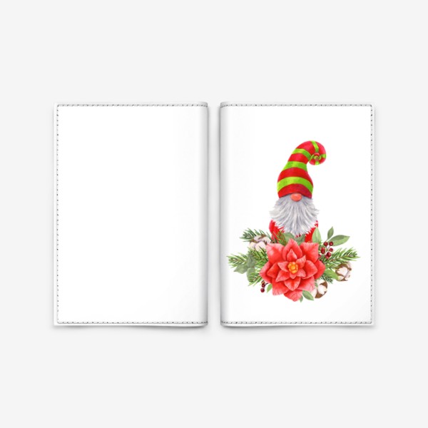 Обложка для паспорта «Новогодний гном в красно-зеленой шляпе с цветами»